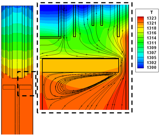 図3. 成長層内の温度分布、及び対流パターン